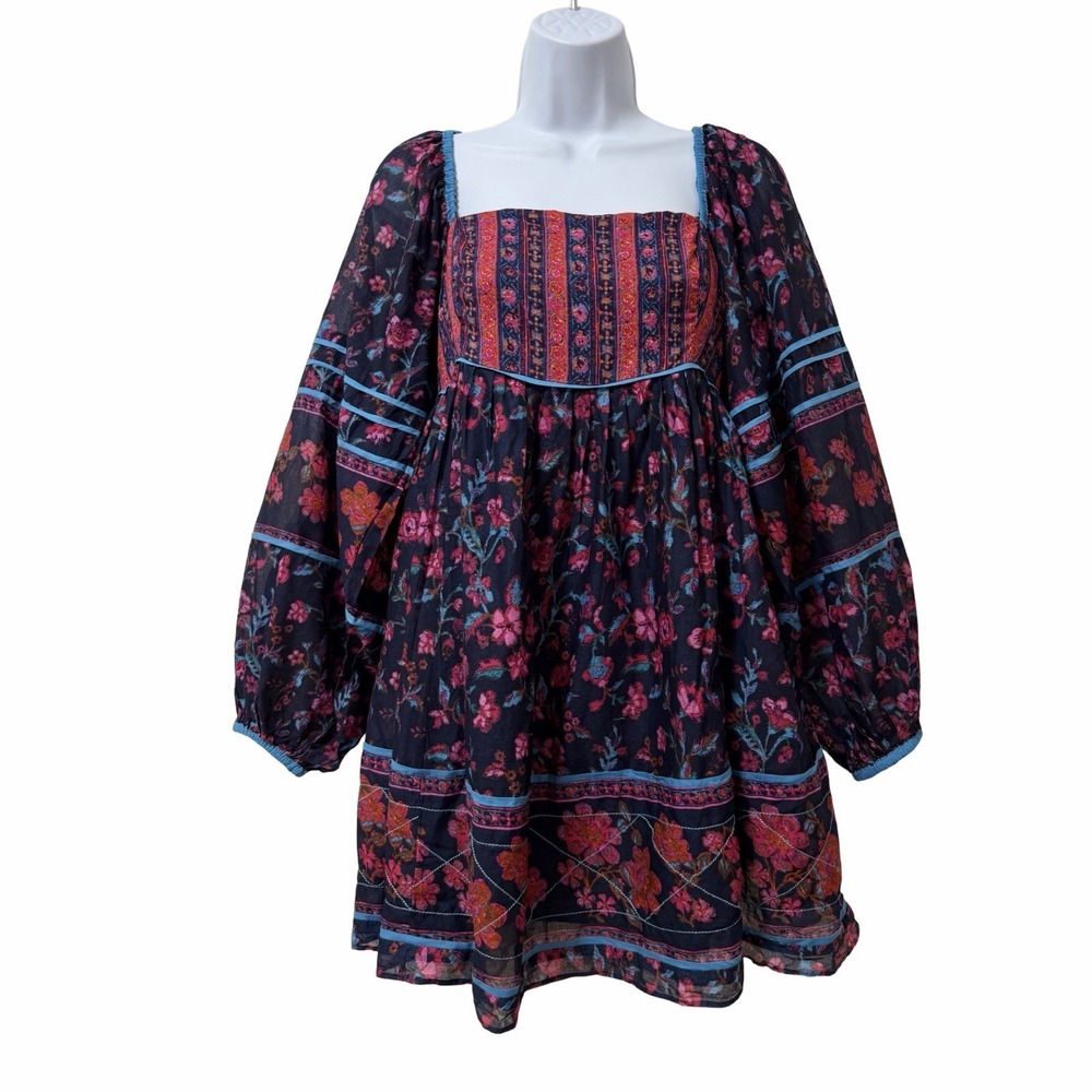 Free People Endless Afternoon Dark‎ Floral Mini Dress Size XS Navy Smocked Boho